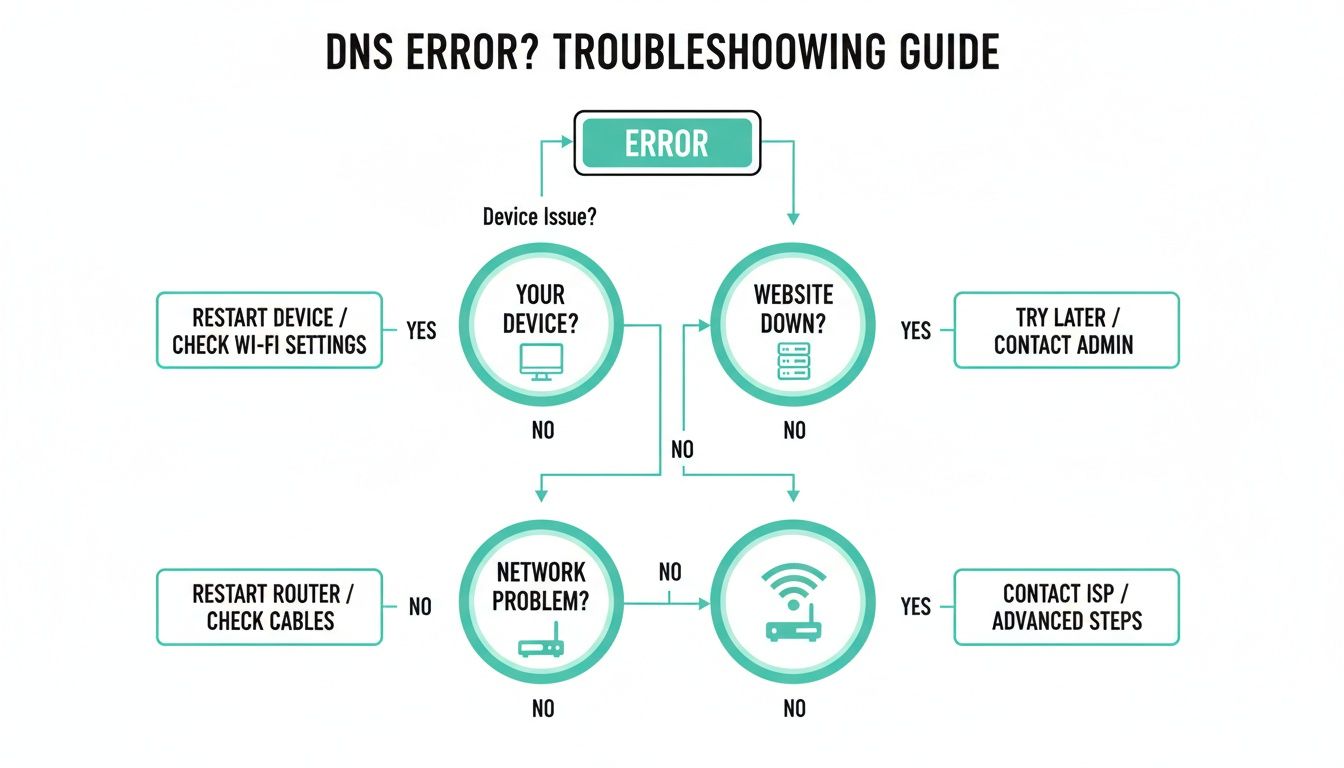 Fix dns probe finished nxdomain: Quick Steps to Restore Access 1 A flowchart troubleshooting guide for dns errors, covering device, website, and network issues.