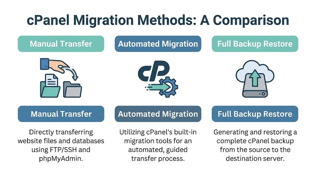 An infographic comparing three methods for cpanel migration: manual transfer, automated migration, and full backup restore.