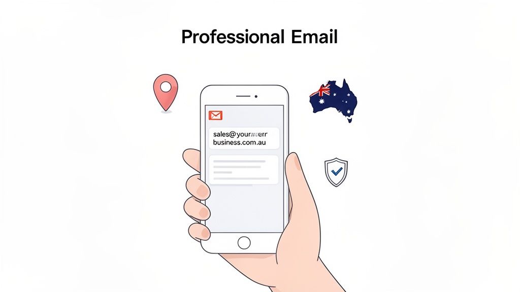 A hand holding a smartphone displaying a professional email address with an australian domain.