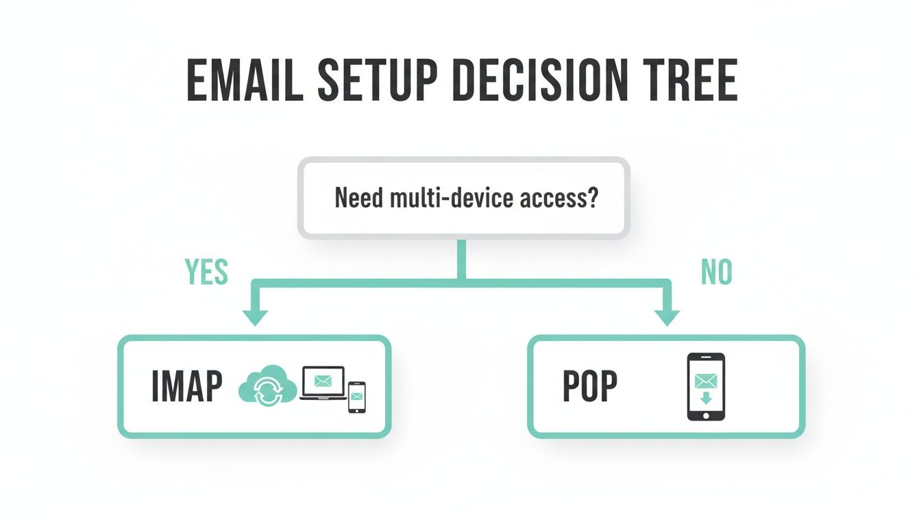 A Practical Guide to iPhone Mail Settings 5 Email setup decision tree, showing imap for multi-device access and pop for single-device access.