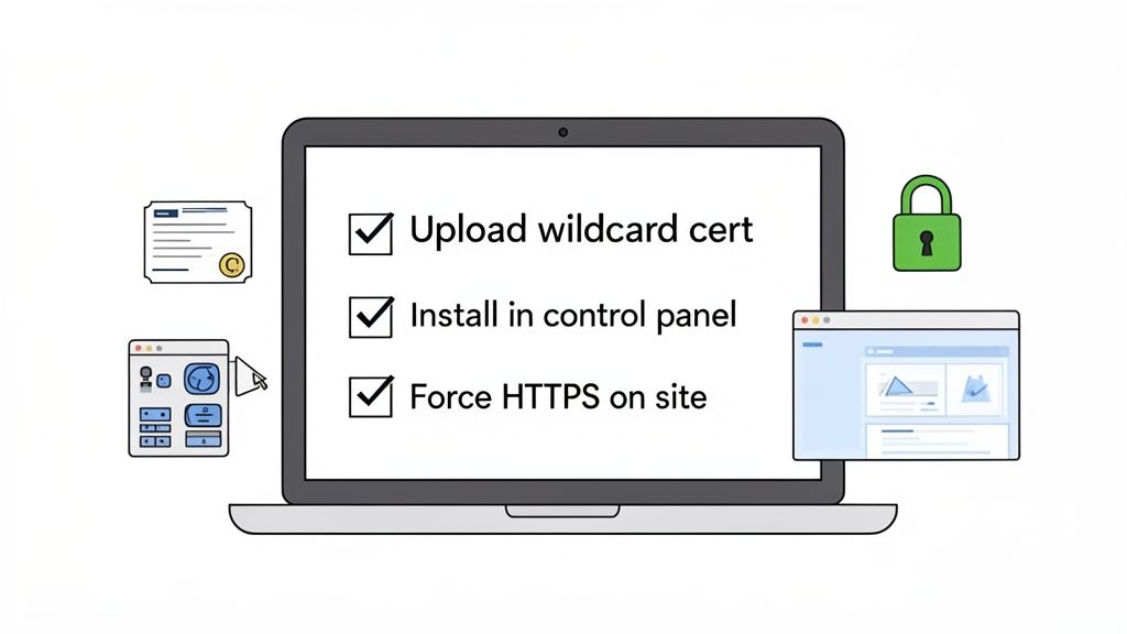A checklist on a laptop detailing wildcard certificate upload, installation, and https enforcement for website security.