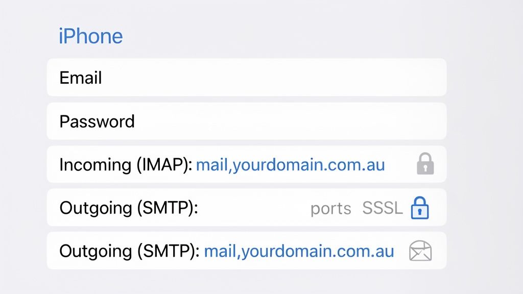 A Practical Guide to iPhone Mail Settings 3 Iphone mail setup screen displaying input fields for email, password, and server details.