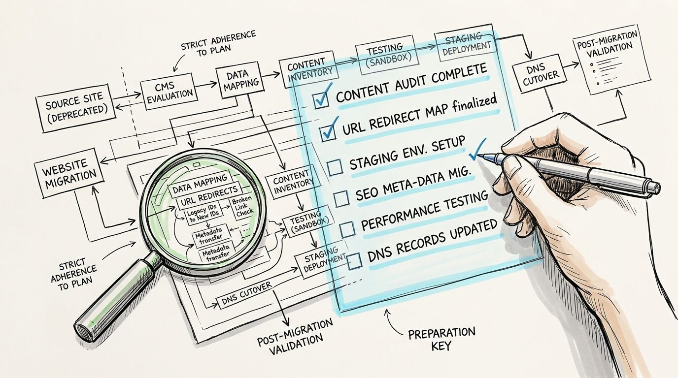 A hand checking off migration steps on a document with a magnifying glass over website project processes.