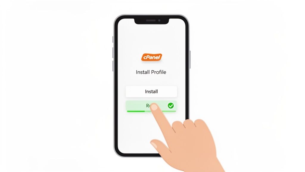 A Practical Guide to iPhone Mail Settings 1 A hand taps the 'remove' button on a smartphone screen showing cpanel's 'install profile' interface.