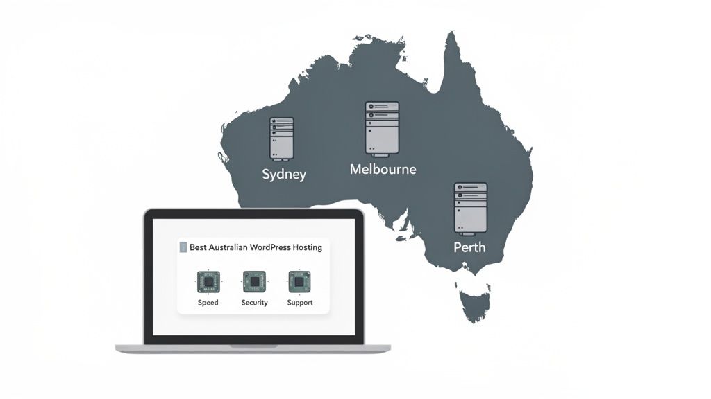 Laptop displaying australian wordpress hosting features over a map showing servers in sydney, melbourne, and perth.