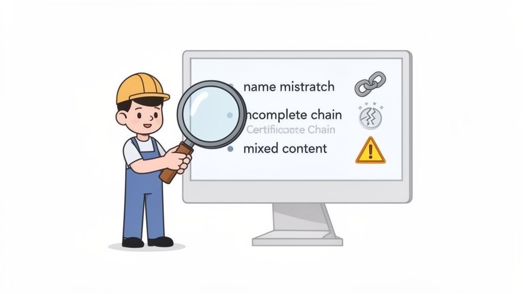 A cartoon engineer inspects a monitor displaying common ssl certificate errors like "incomplete chain" and "mixed content".