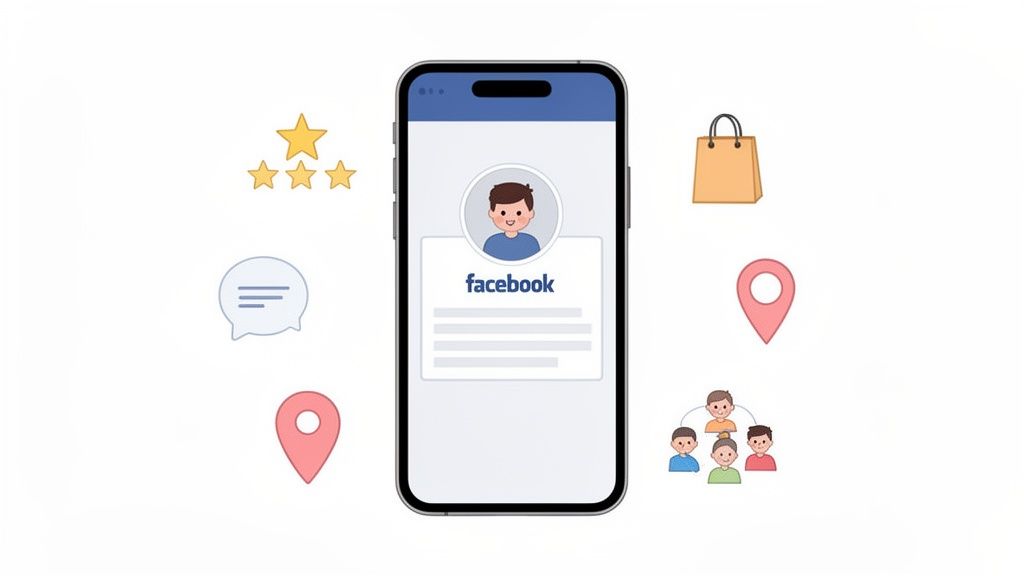 How to Make a Business Facebook Page Your Ultimate Guide 1 A smartphone displays a facebook profile, surrounded by icons for reviews, messages, shopping, location, and community.