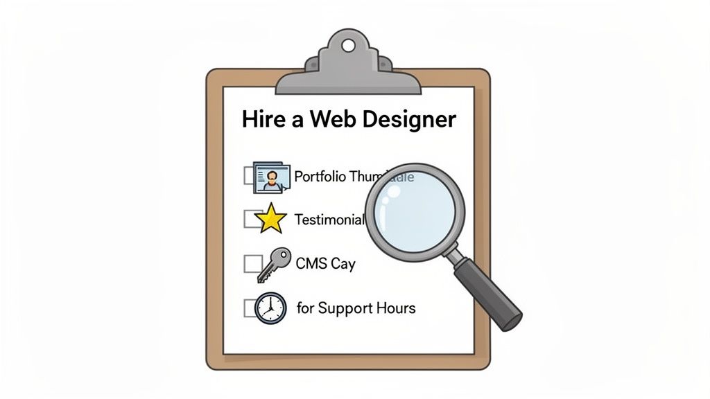 A clipboard with a 'hire a web designer' checklist, showing items like portfolio, testimonials, and support hours, with a magnifying glass.