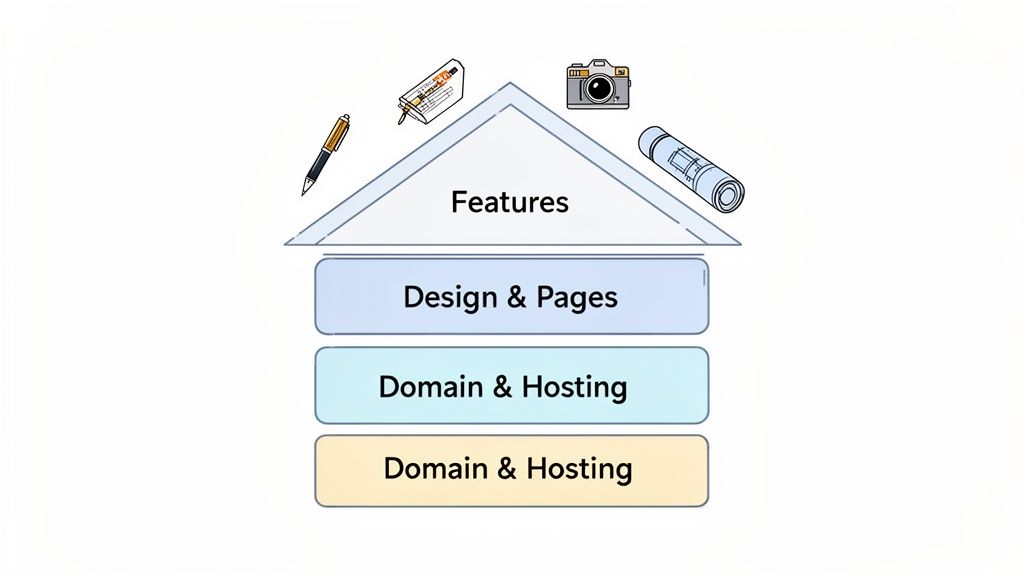 Illustration of website creation costs and components, showing features, design, pages, domain, and hosting.