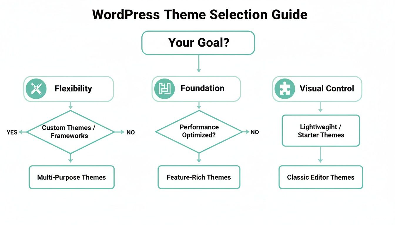 Your Guide to Finding the Perfect WordPress Theme 3 Flowchart for wordpress theme selection, considering flexibility, performance, and visual control options.