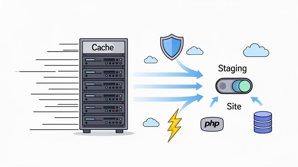Your Guide to Finding the Perfect WordPress Theme 5 Diagram showing a server cache accelerating website performance, protecting a staging and live site with cloud and security services.