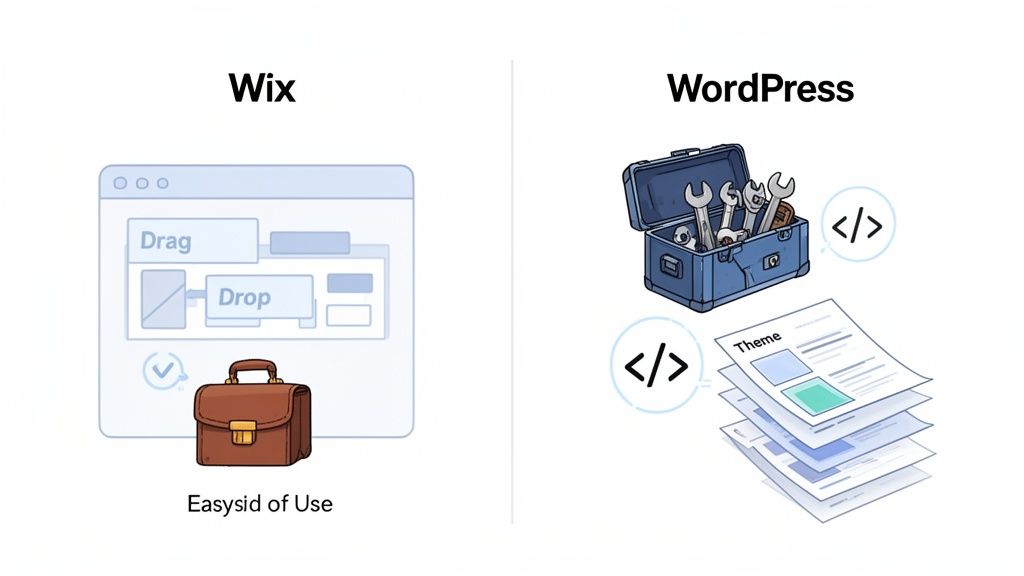 Wix v WordPress: An In-Depth Guide to wix v wordpress for Australian Businesses 1 An image comparing wix and wordpress, highlighting wix's drag-and-drop ease of use and wordpress's tools and themes for customization.