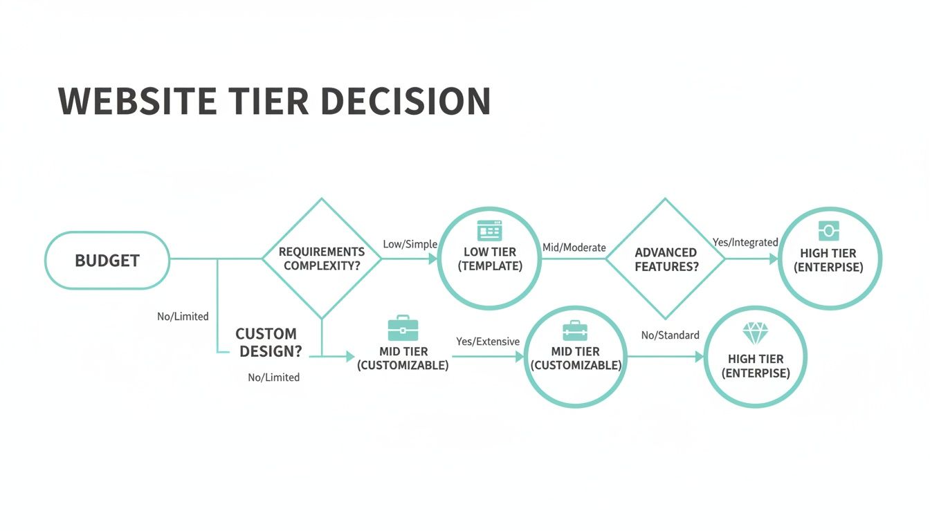 Flowchart guiding website tier decisions based on budget, complexity, custom design, and advanced features.