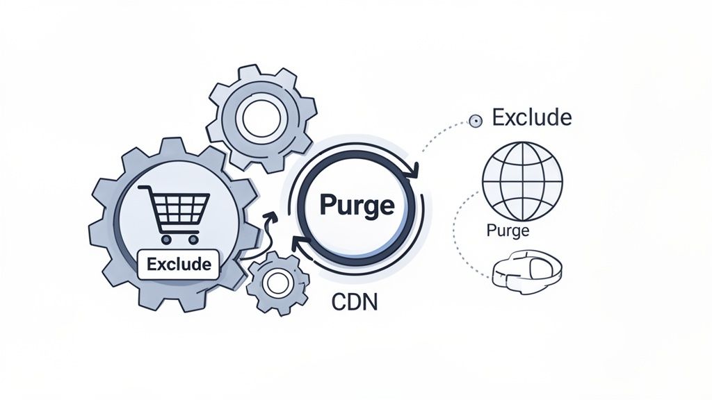 Improve WordPress Speed with a Cache Plugin A Practical Guide 4 Diagram showing cdn content management with 'purge' and 'exclude' actions, represented by gears and a globe.