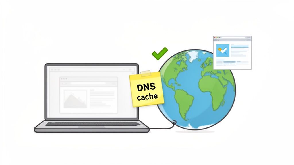 Your Ultimate Guide on How to Flush DNS on Any Device 1 Laptop connected to a globe with a 'dns cache' note, symbolizing fast, successful internet access.