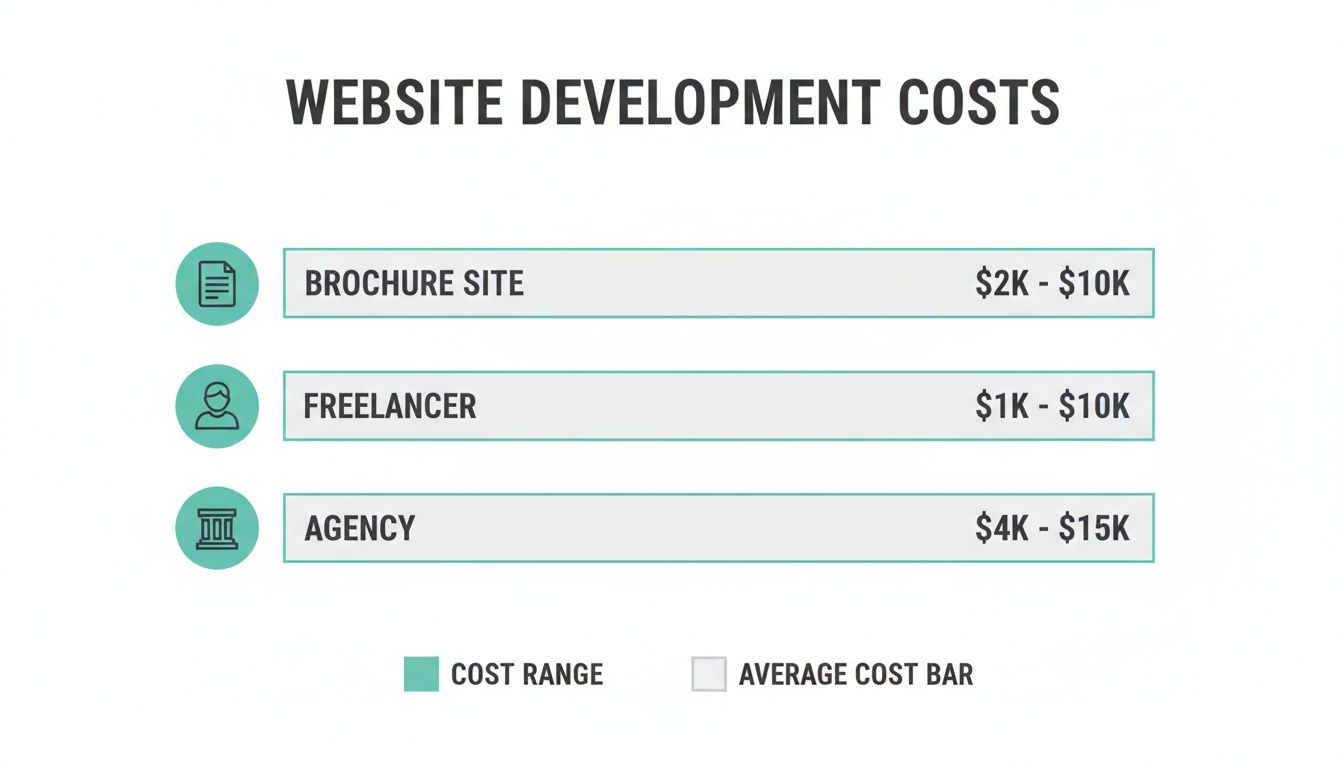 Website development costs comparison table showing prices for brochure sites, freelancers, and agencies.