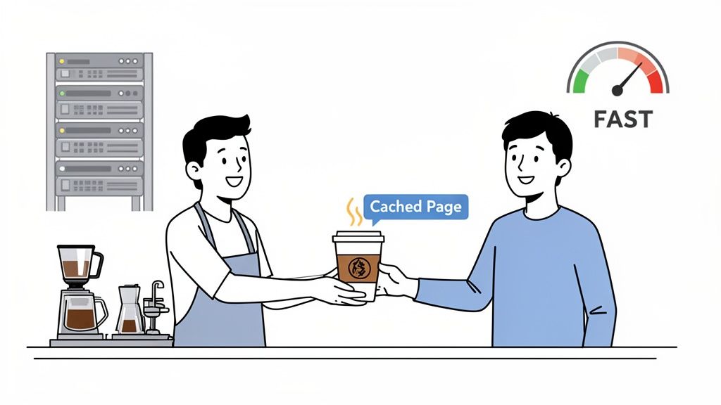 Improve WordPress Speed with a Cache Plugin A Practical Guide 1 A barista hands a 'cached page' coffee to a customer, with a 'fast' speed meter, symbolizing quick data delivery.