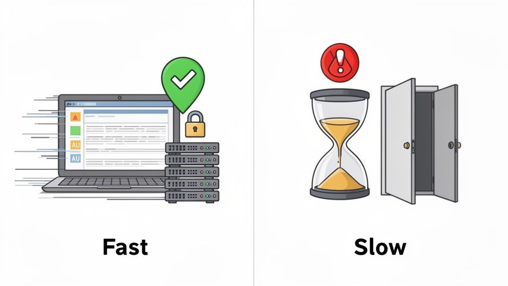 An image comparing fast and slow processes, showing a secure laptop and servers versus an hourglass and open doors.