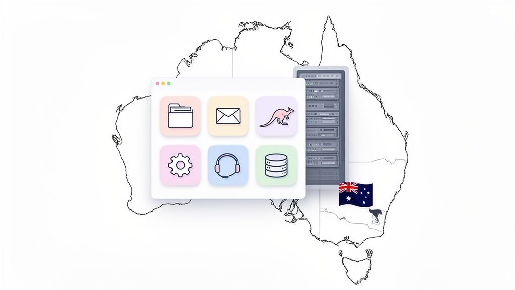 Australian map with a server rack, service icons, and an australian flag, symbolizing local web hosting.