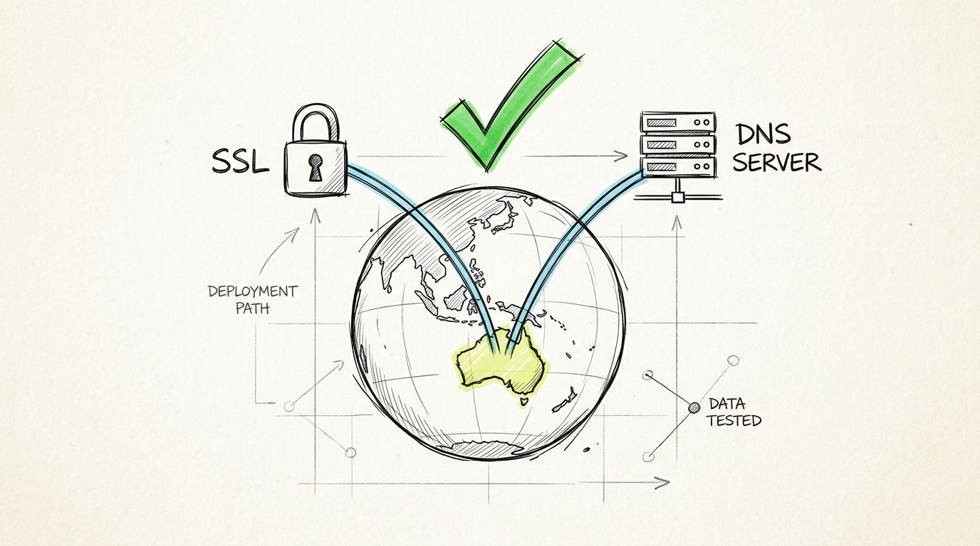 A hand-drawn illustration showing a secure connection via ssl and dns server to a global map.