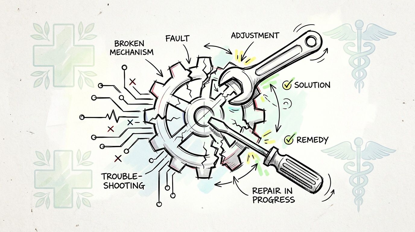 A hand-drawn illustration showing a broken gear mechanism being repaired by a wrench and a screwdriver.
