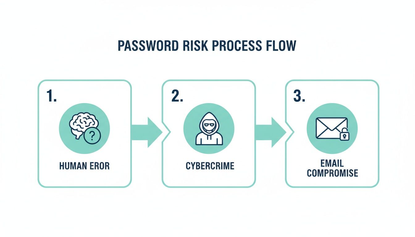 Forgot Your Mailbox Password? A Quick Guide to Regain Access 2 Flowchart illustrating password risk process: human error leads to cybercrime, resulting in email compromise.
