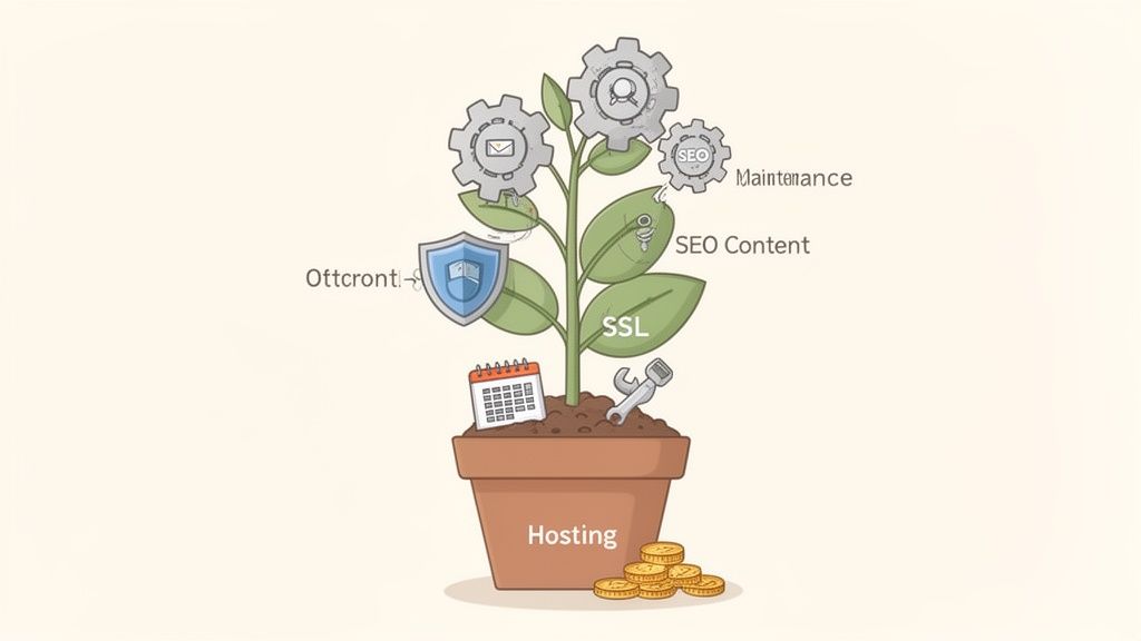 An illustration of a plant growing in a pot, representing website creation costs and elements like hosting, seo, ssl, and maintenance.
