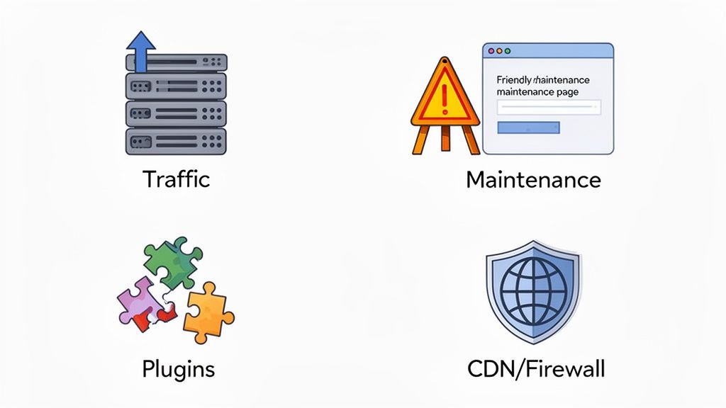 Fixing a 503 Service Unavailable Error in Australia 3 Icons representing website elements: traffic servers, maintenance page, plugins, and cdn/firewall.