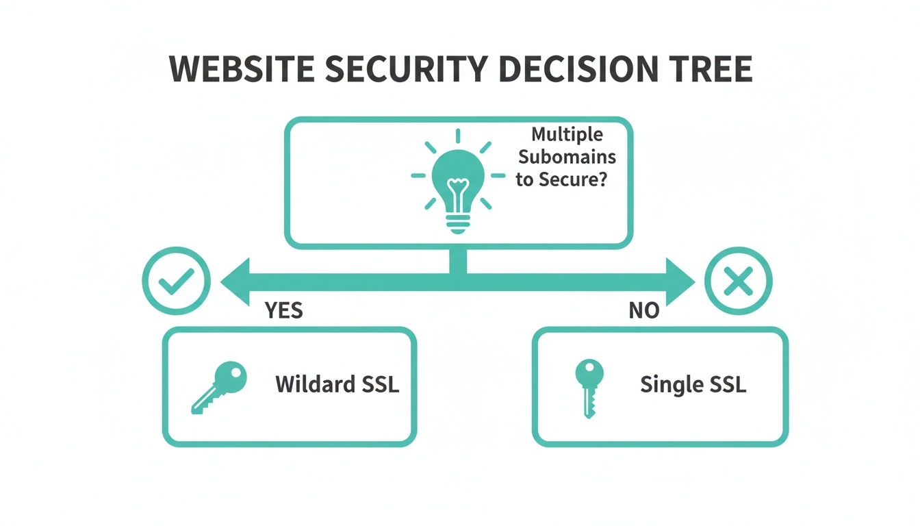 A website security decision tree showing to choose wildcard ssl for multiple subdomains or single ssl for one.