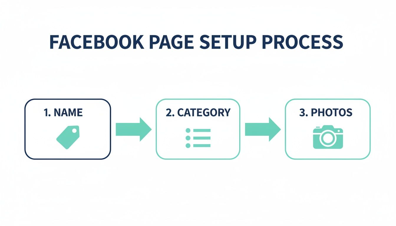 How to Make a Business Facebook Page Your Ultimate Guide 3 Infographic showing the three steps to set up a facebook page: name, category, and photos.