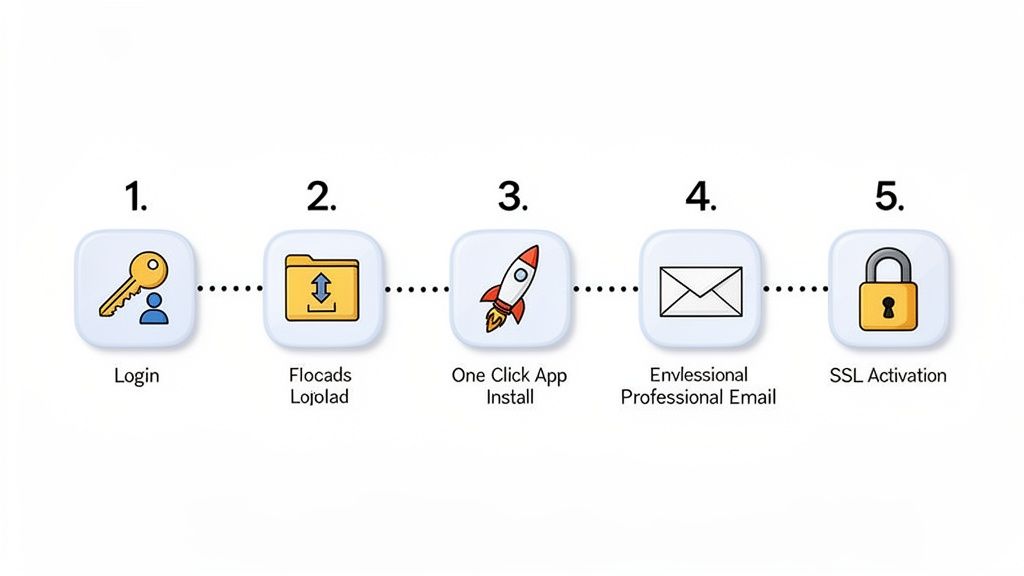 A five-step process diagram for online services: login, file management, app install, professional email, and ssl activation.