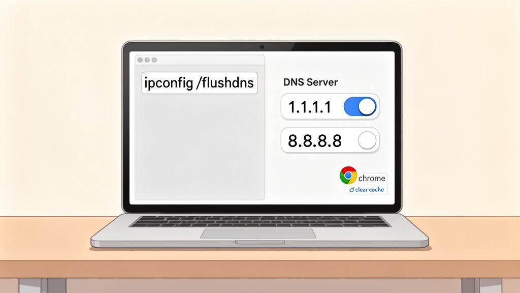 Fix dns probe finished nxdomain: Quick Steps to Restore Access 4 A laptop screen showing network troubleshooting: ipconfig /flushdns command, 1. 1. 1. 1 dns server enabled, and chrome clear cache option.