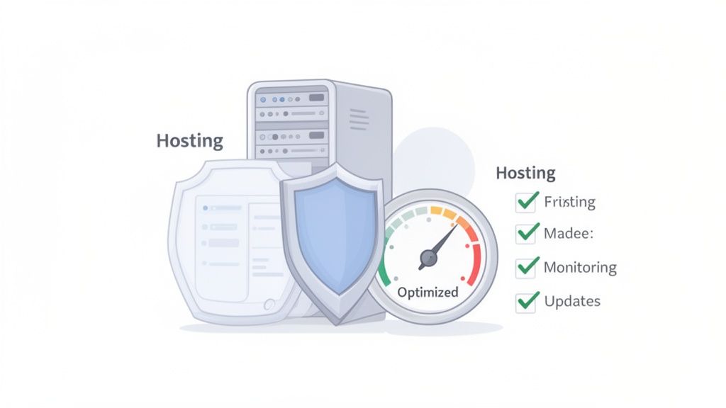Fixing a 503 Service Unavailable Error in Australia 5 An illustration showing a server, security shields, optimized performance gauge, and a hosting checklist.