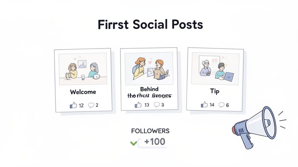 How to Make a Business Facebook Page Your Ultimate Guide 4 An illustration showing three social media posts with likes, comments, and a follower increase of 100.
