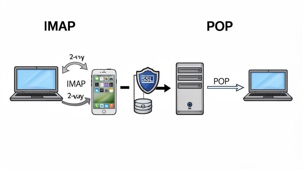 Diagram comparing imap and pop email protocols, showing two-way sync for imap and one-way download for pop.