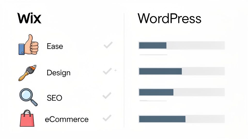 Wix v WordPress: An In-Depth Guide to wix v wordpress for Australian Businesses 3 A comparison chart of wix versus wordpress capabilities across key features like ease, design, seo, and ecommerce.