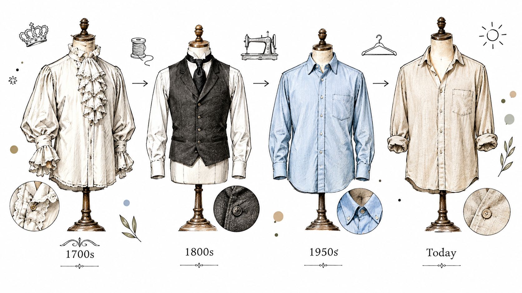 A historical progression of men's shirts shown on mannequins from the 1700s, 1800s, 1950s, to today.