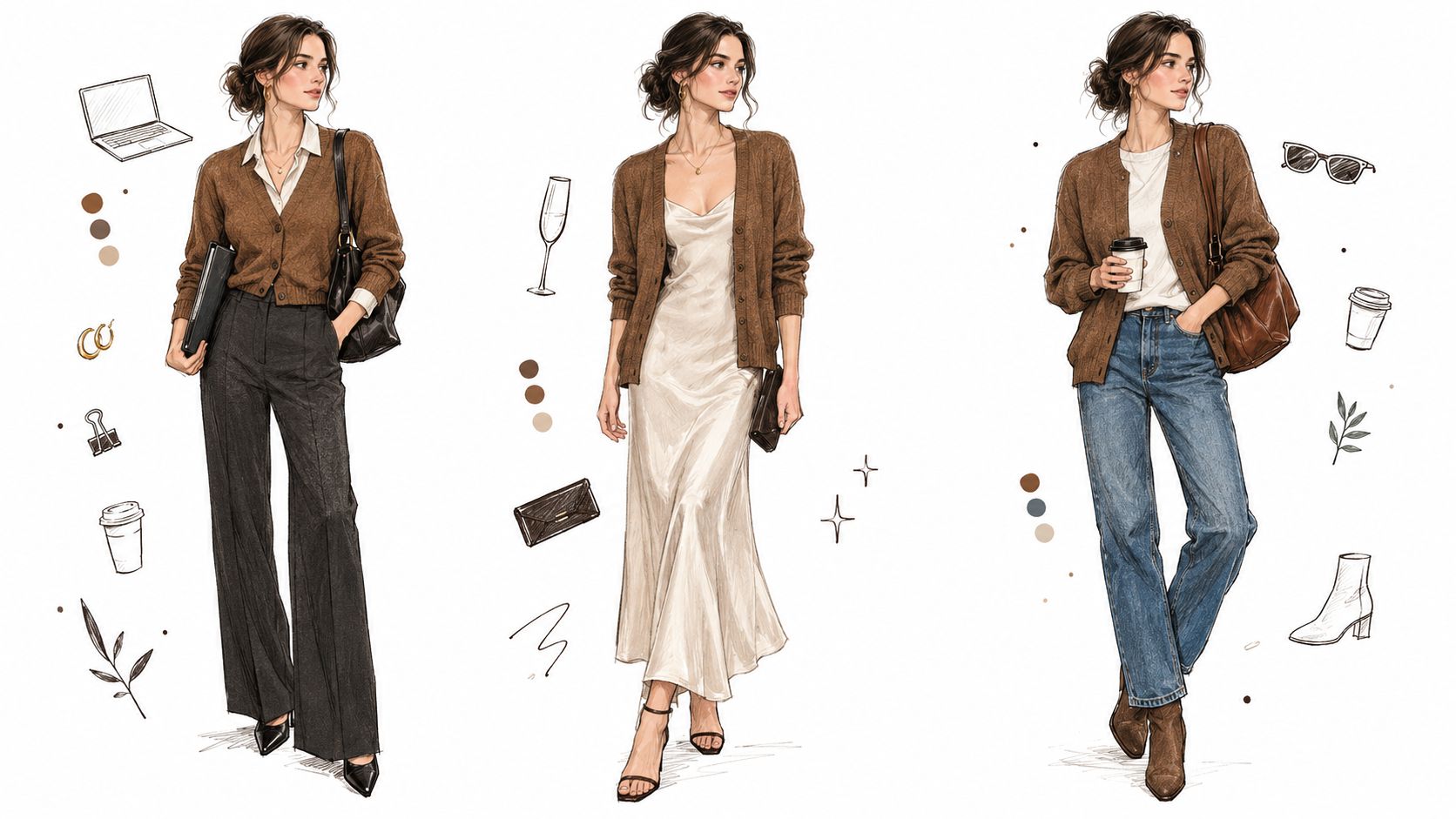 A fashion illustration showing a woman styling a brown cashmere cardigan in three different outfits.