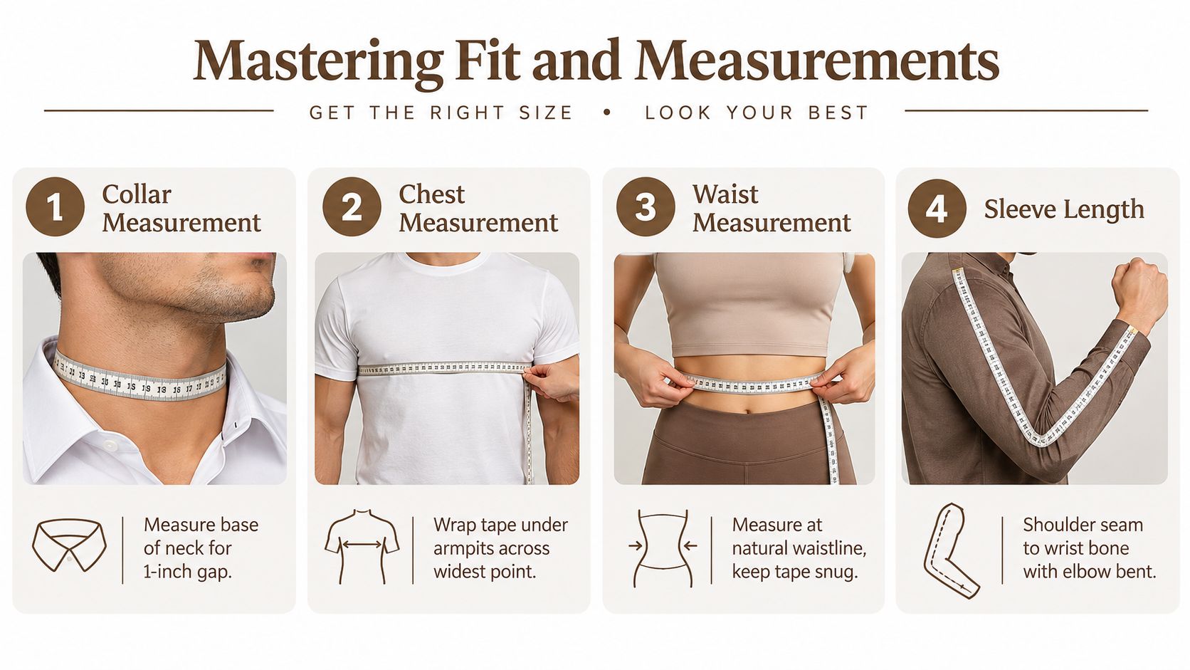 A visual guide explaining how to measure for a shirt fit including collar, chest, waist, and sleeve length.