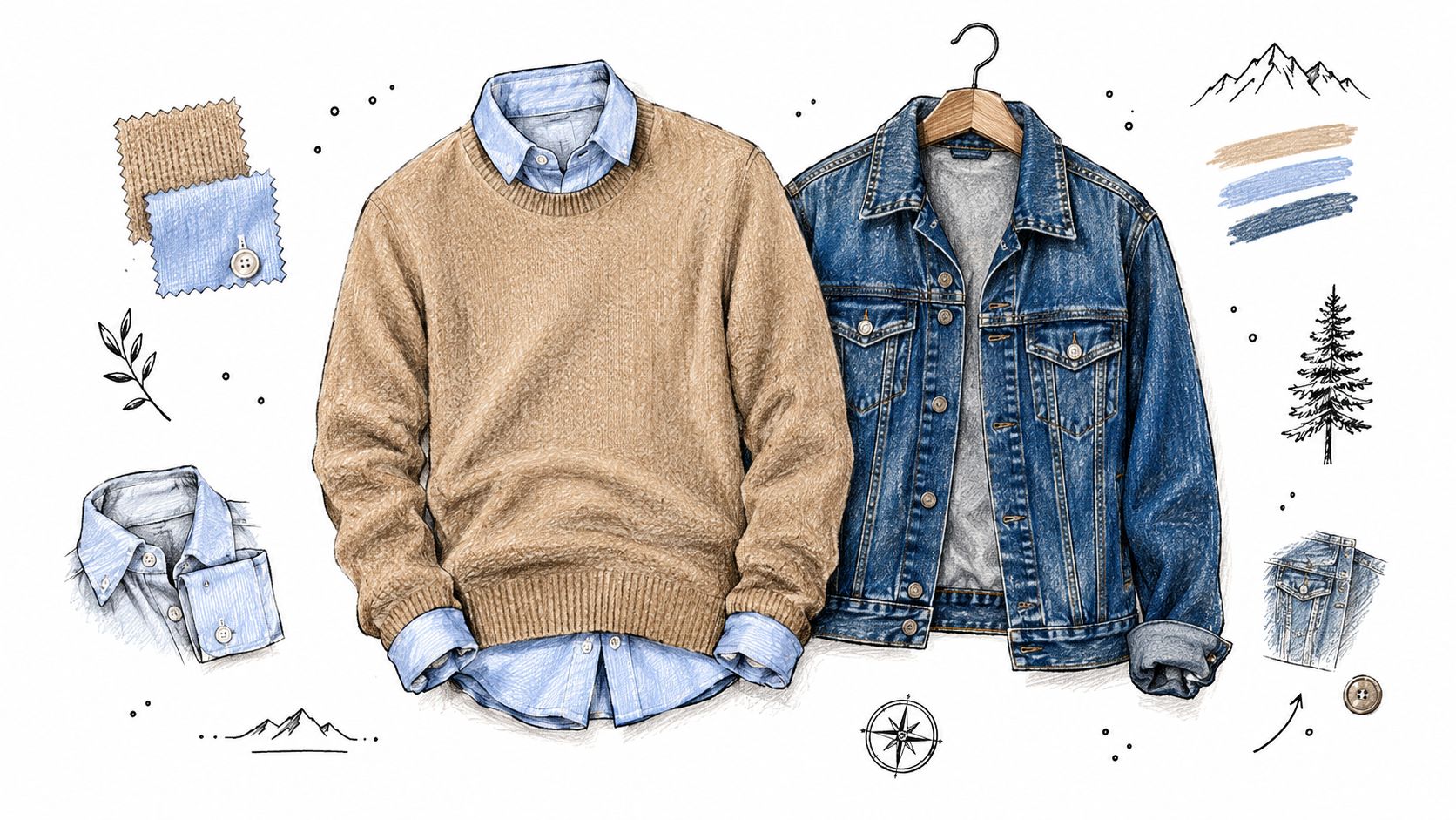 Fashion illustration featuring a tan sweater, light blue button-down shirt, and a denim jacket for men.