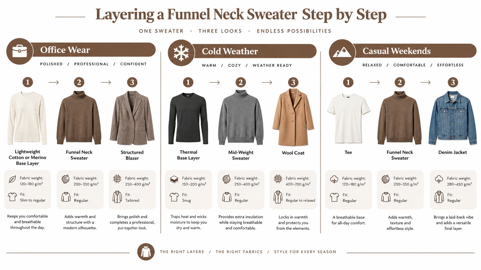 A visual guide showing three different ways to layer a funnel neck sweater for various occasions.