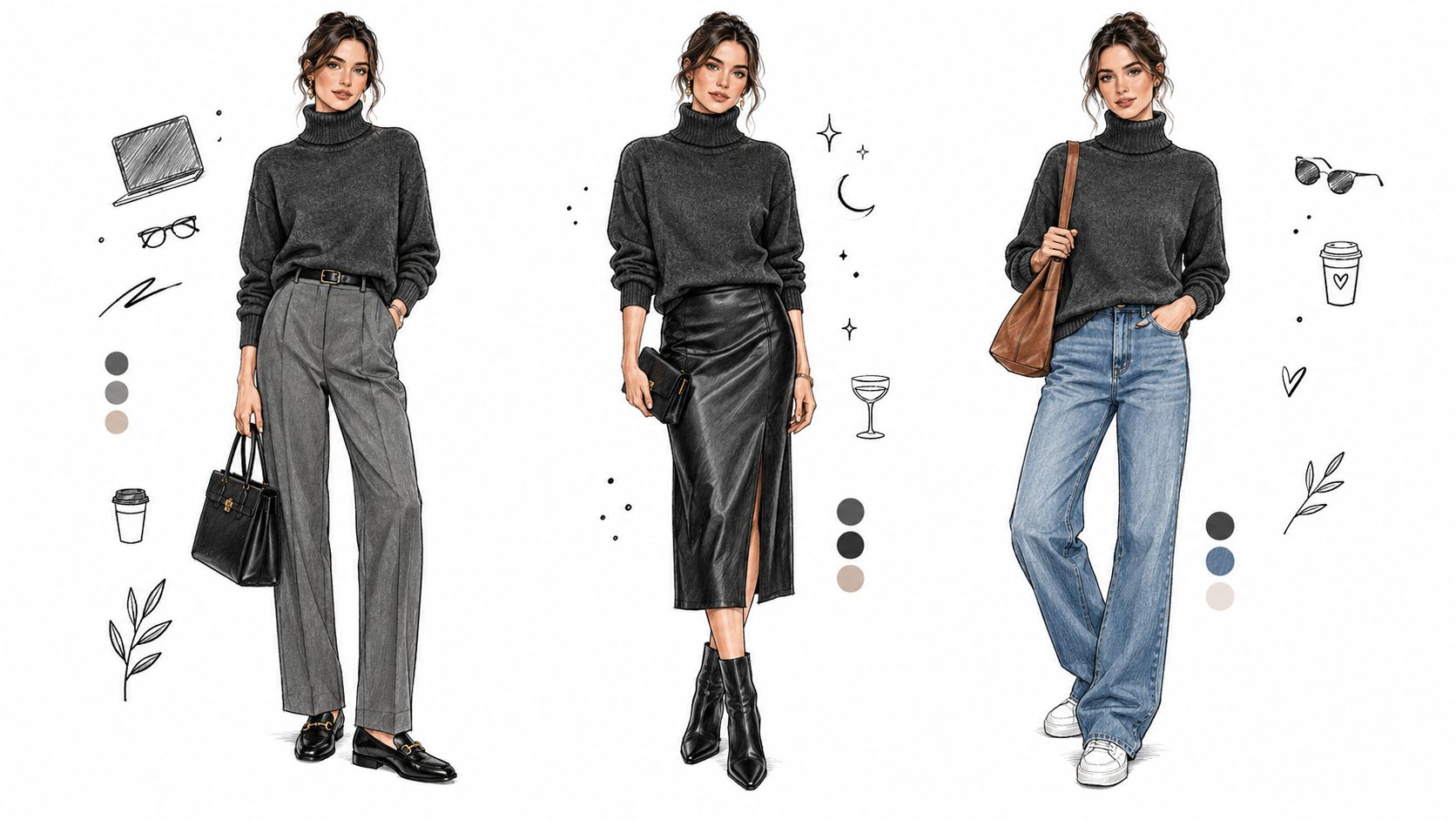 A collage of three illustrations showcasing different styling options for a dark gray funnel neck cashmere sweater.