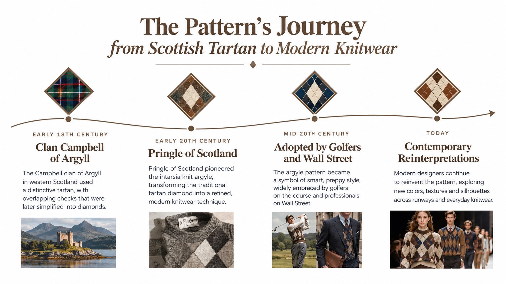 A timeline graphic showing the historical evolution of the argyle pattern from Scottish tartan to modern knitwear fashion.