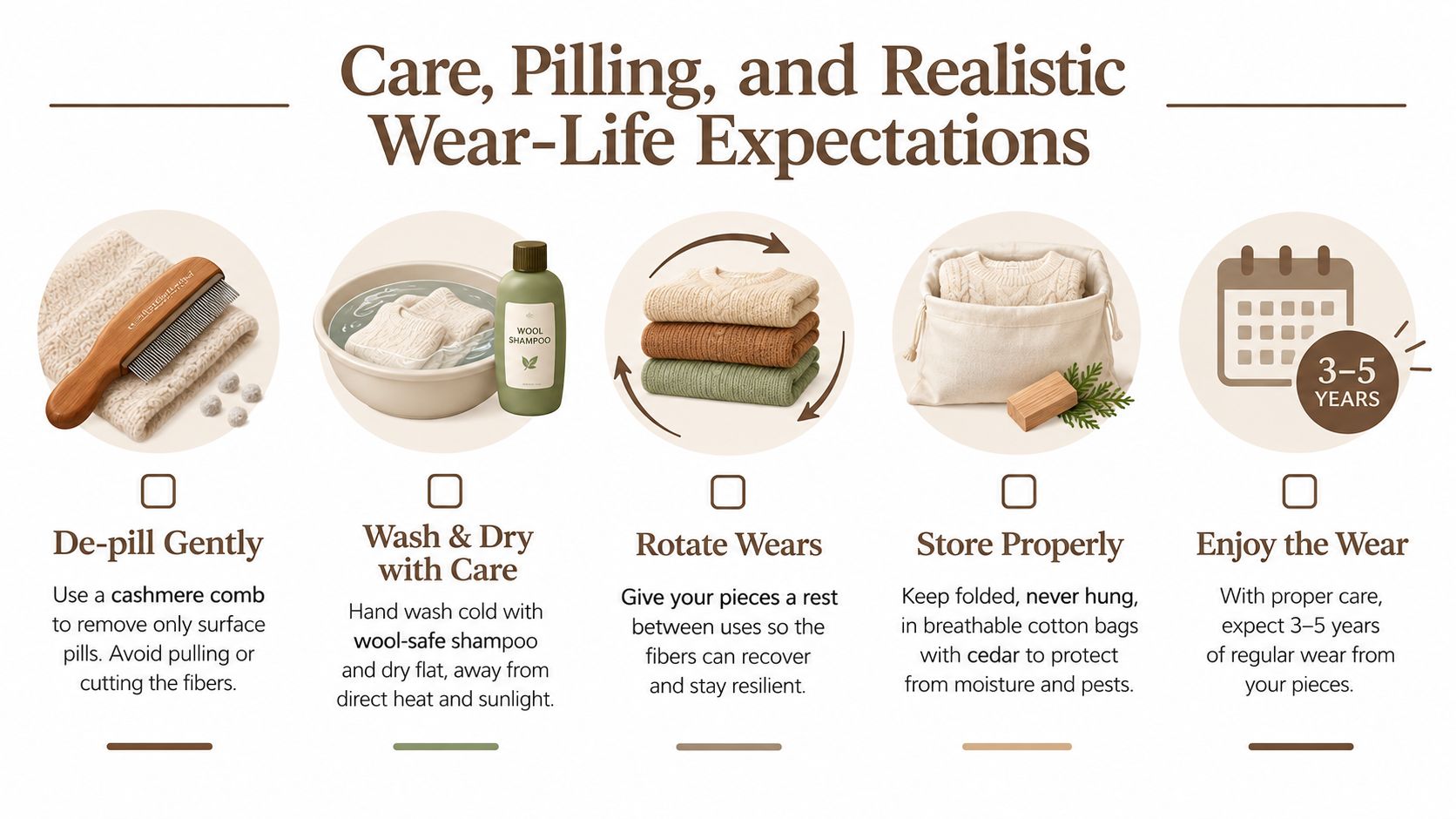 An infographic detailing essential care instructions for cashmere knitwear, including washing, storage, and maintenance tips.