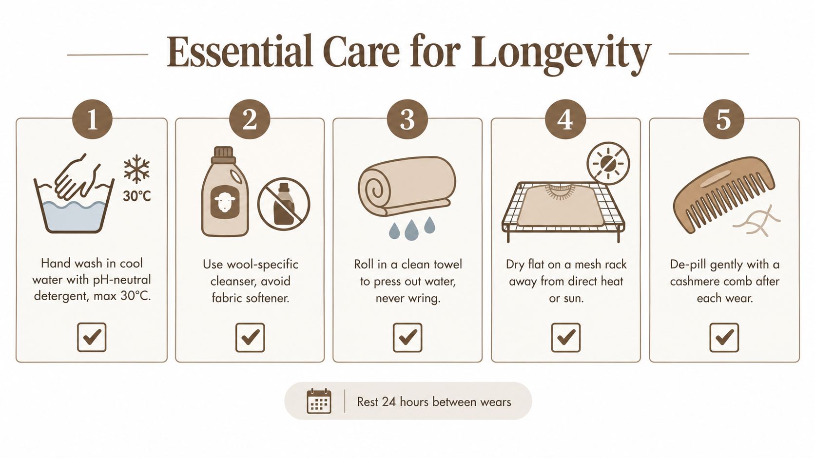 A step-by-step infographic titled Essential Care for Longevity explaining how to properly wash and maintain cashmere garments.