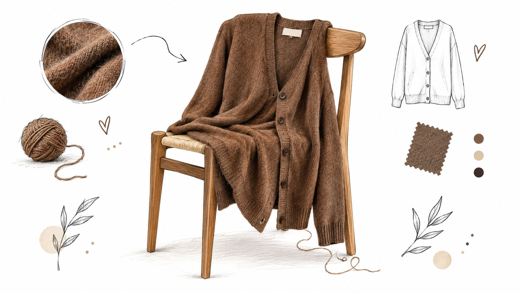 A cozy brown cashmere cardigan draped over a wooden chair with yarn and fashion design sketches.