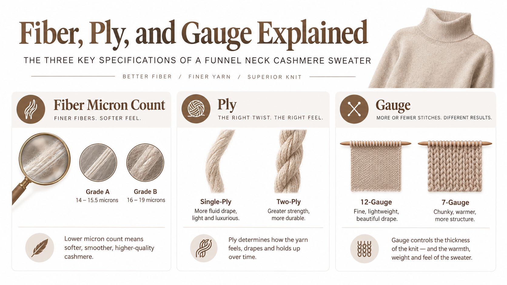 An infographic explaining the fiber micron count, ply, and gauge specifications of a funnel neck cashmere sweater.