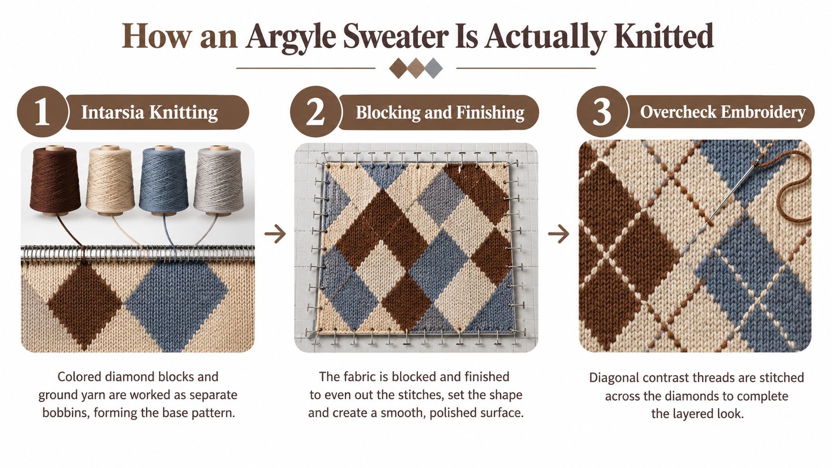 A three-step infographic showing how an argyle sweater is knitted using intarsia, blocking, and overcheck embroidery.