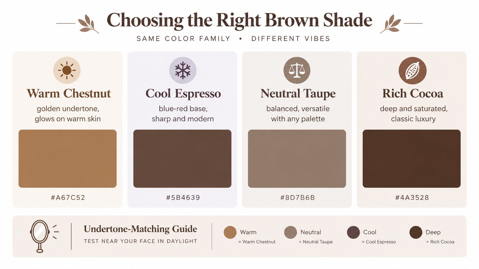 A color guide showing four different shades of brown with their hex codes and undertone matching descriptions.