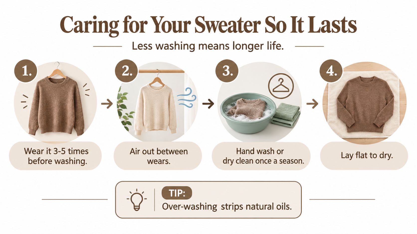 A four-step infographic showing how to care for a brown cashmere sweater for longevity.
